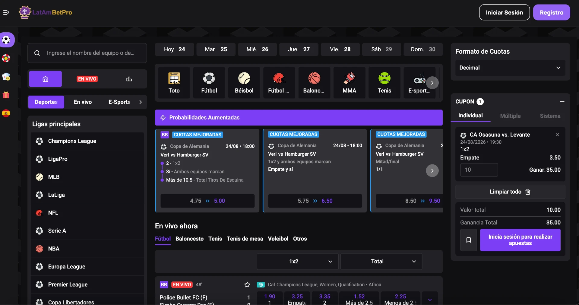 Interfaz de terminal de apuestas deportivas con cuotas en vivo