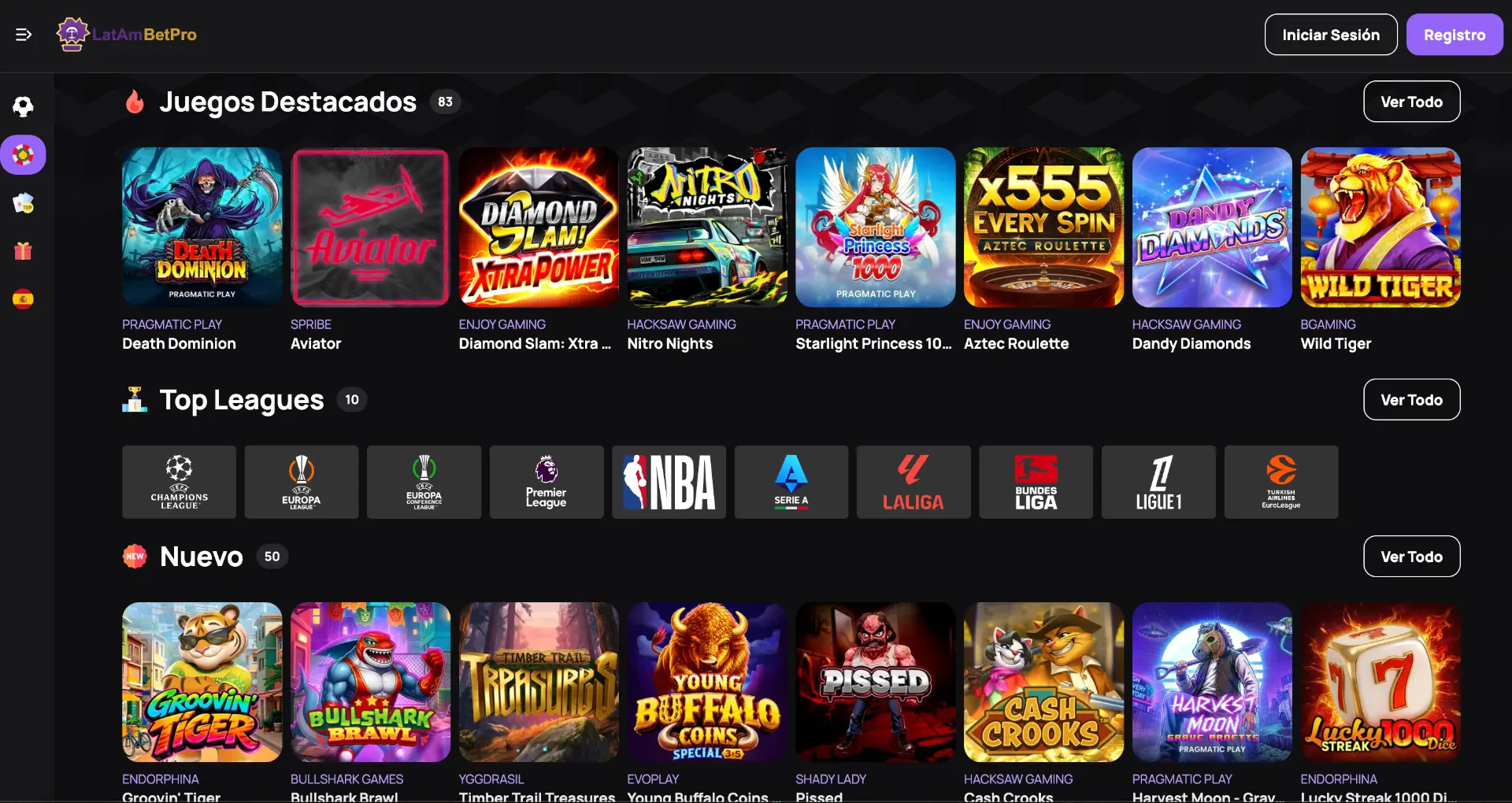 Panel de administración de casino con slots y mesas en vivo